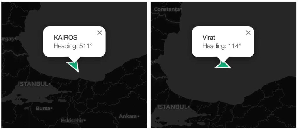 Black Sea tanker explosion AIS last known positions for Kairos and Virat before the reported incidents.