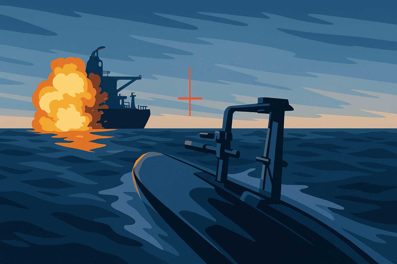 Vector illustration of a Black Sea tanker drone strike showing a Ukrainian Sea Baby naval drone approaching the sanctioned tanker Dashan as an explosion erupts on the ship’s stern.