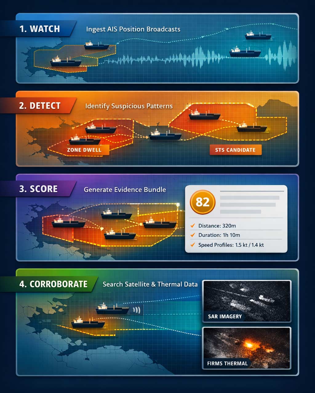 Diagram showing four-layer workflow: watch AIS, detect patterns, score with evidence, add satellite corroboration