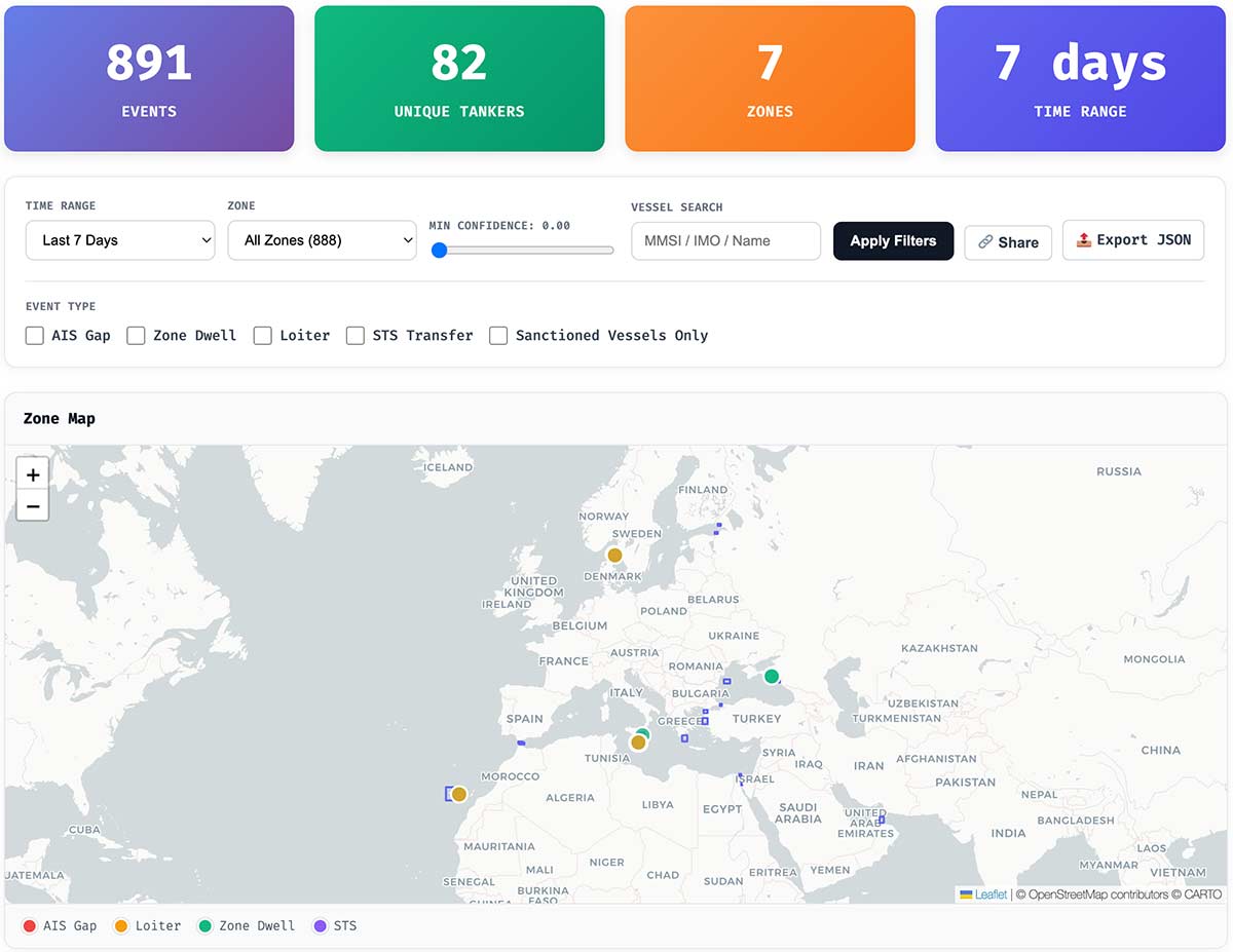 FleetLeaks AIS Events page showing filters, event list, and map markers by event type