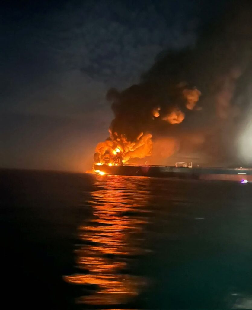Smoke rises from the oil tanker Elbus after it was reportedly damaged in a drone attack in the Black Sea near Turkey’s northern coast. The Palau-flagged vessel was en route toward Russia’s Novorossiysk port at the time of the incident.