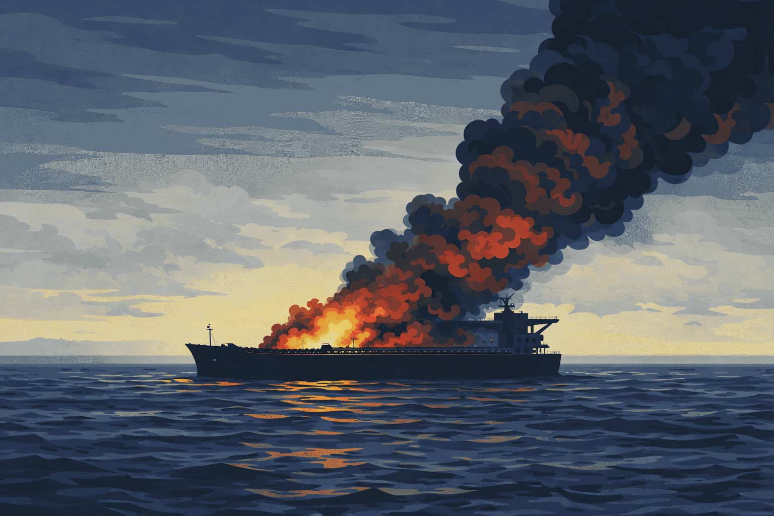 Illustration of the Elbus oil tanker emitting black smoke after a suspected drone attack in the Black Sea near Turkey
