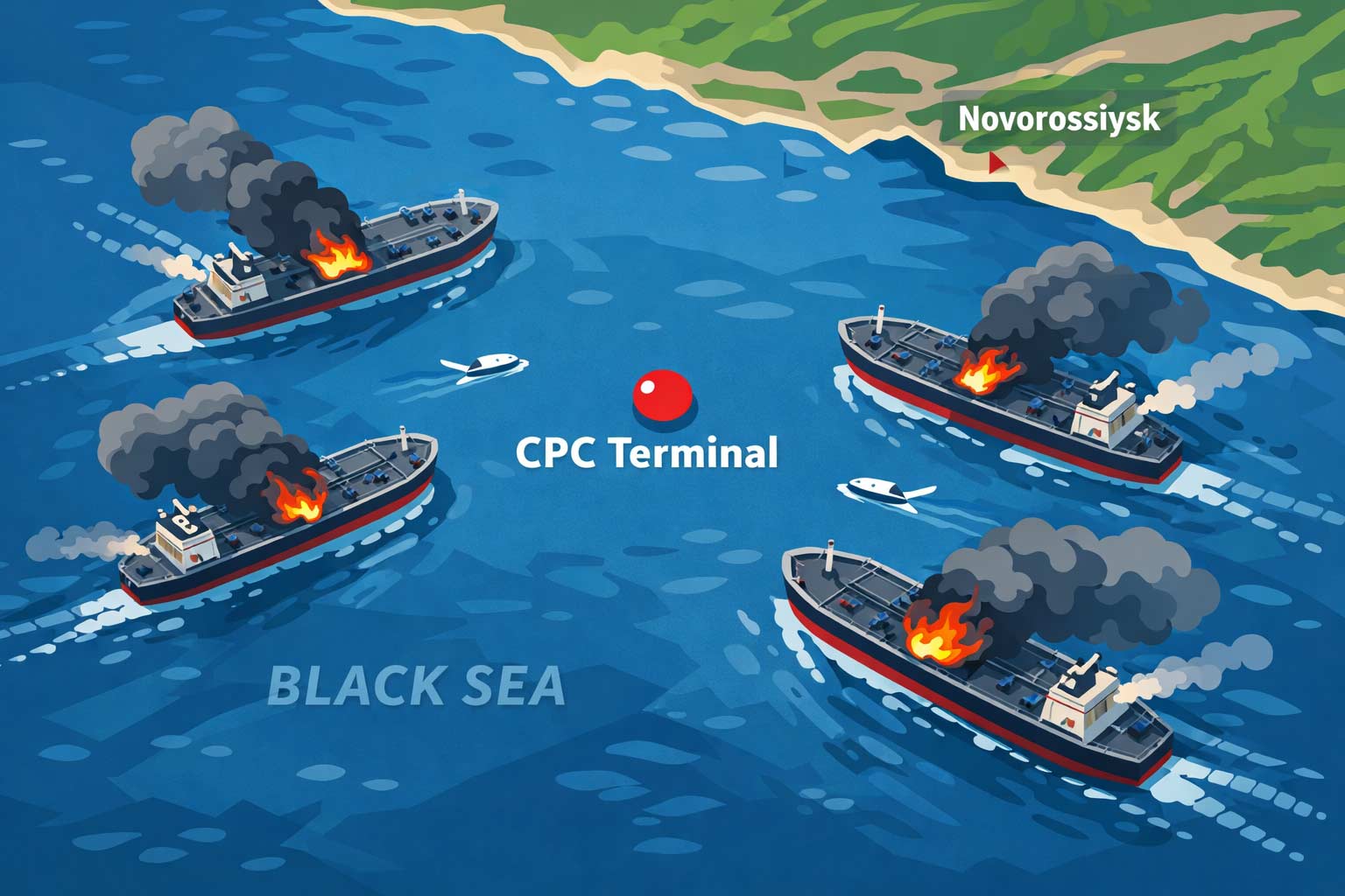 Vector illustration showing four oil tankers smoking near the CPC terminal in the Black Sea after reported drone strikes, highlighting disruption to Kazakh oil exports.