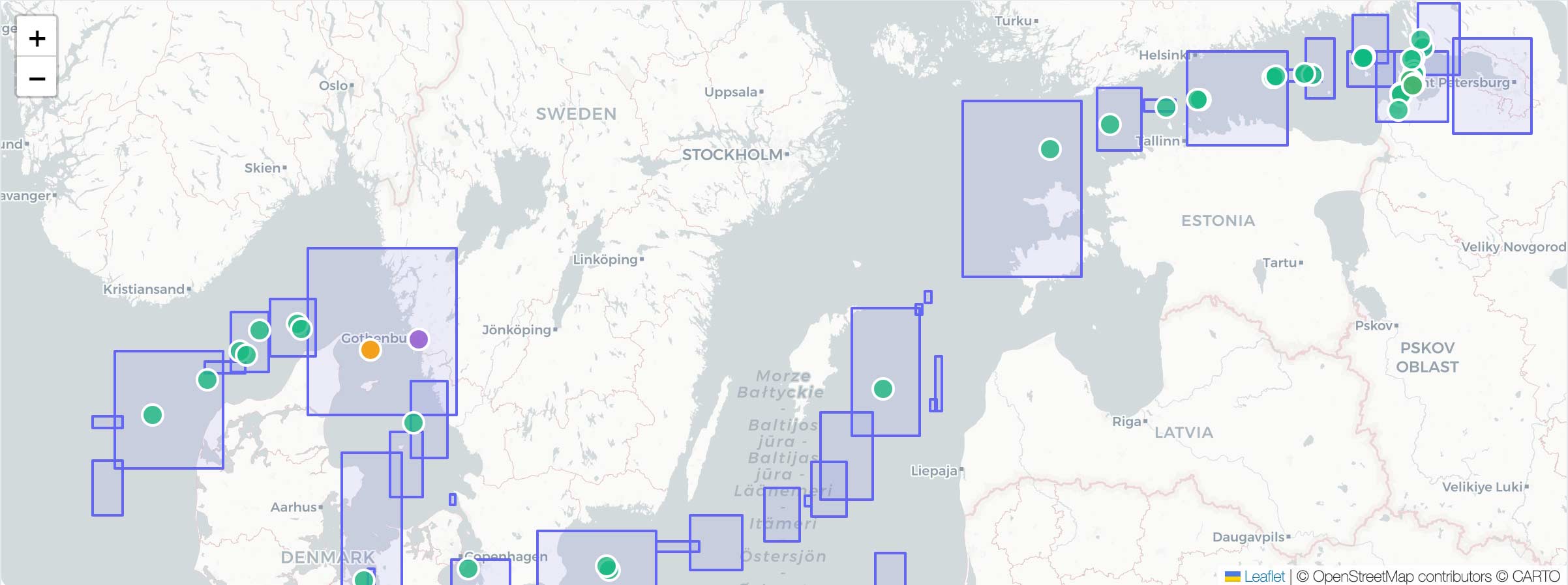 AIS behavioral detection map showing vessel movement, zone dwell areas, and proximity events in the Baltic Sea used for picking vessel spotlight candidates