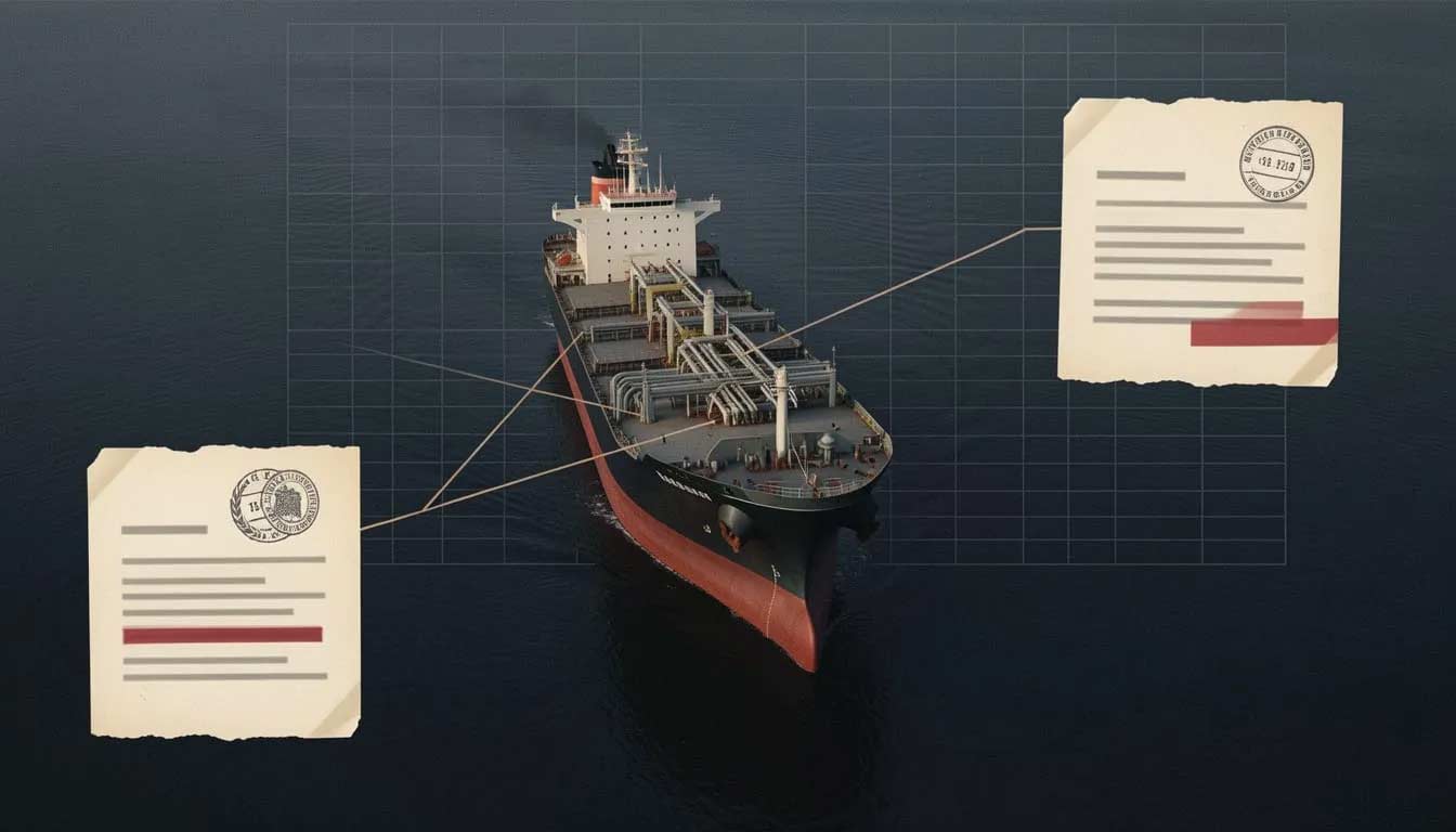Editorial illustration of a tanker surrounded by redacted registry documents, representing sanctioned vessel identity changes.