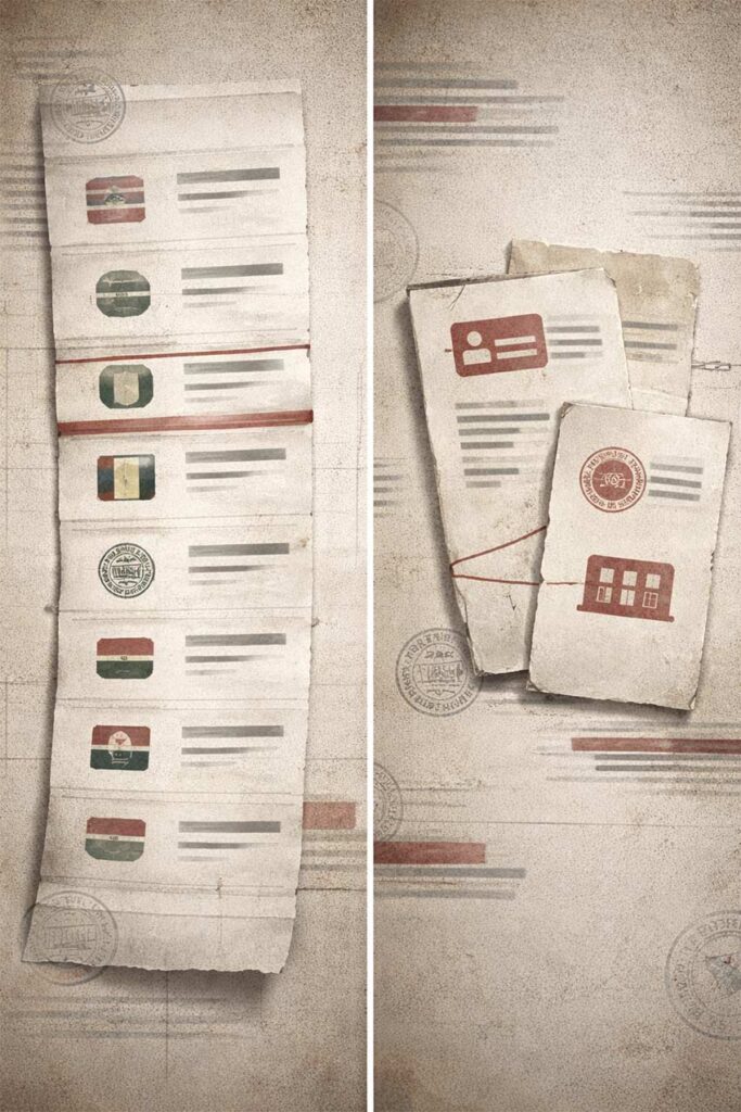 Editorial illustration depicting flag hopping and layered registry documents in the sanctioned vessel identity changes dataset.