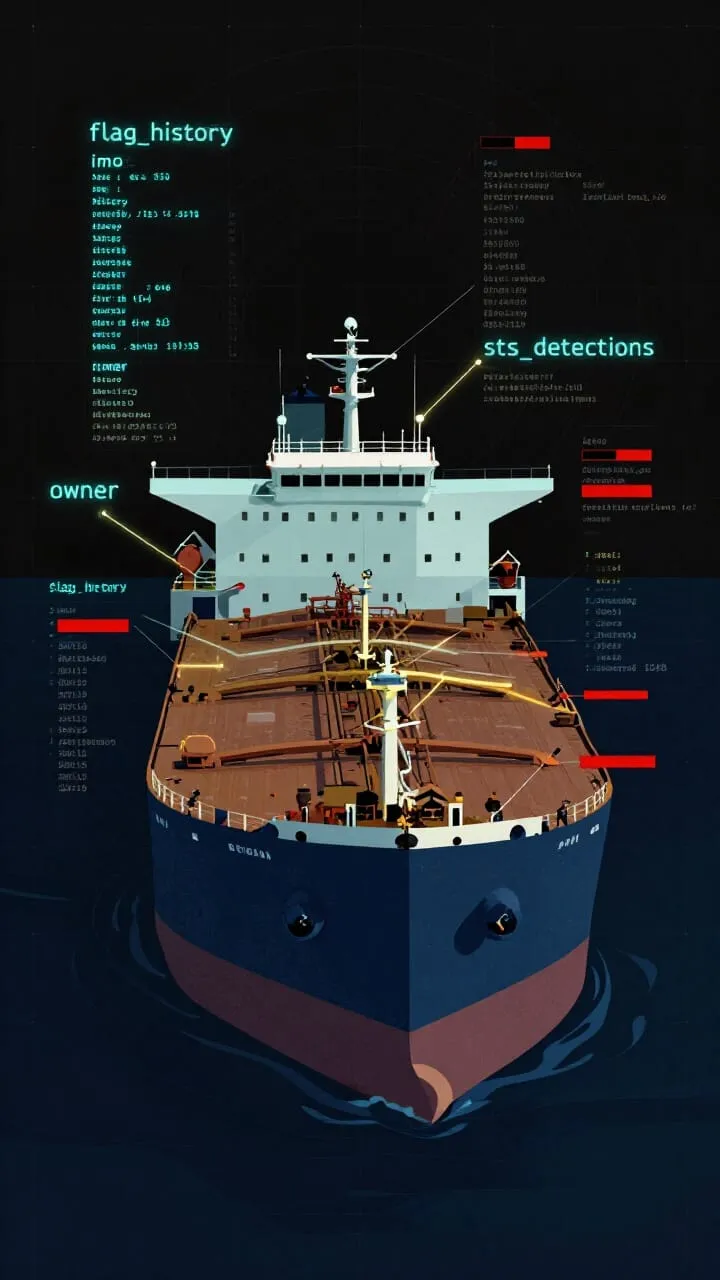 Illustration of a vessel spotight dossier: cargo tanker viewed from the bow, overlaid with cascading JSON data fields including flag_history, imo, sts_detections, and owner, styled as a dark maritime intelligence dossier visualization