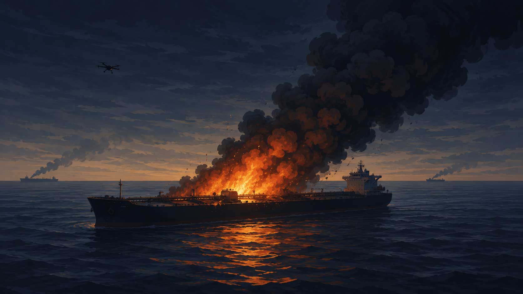 Illustration of burning Russian tankers in Azov Sea